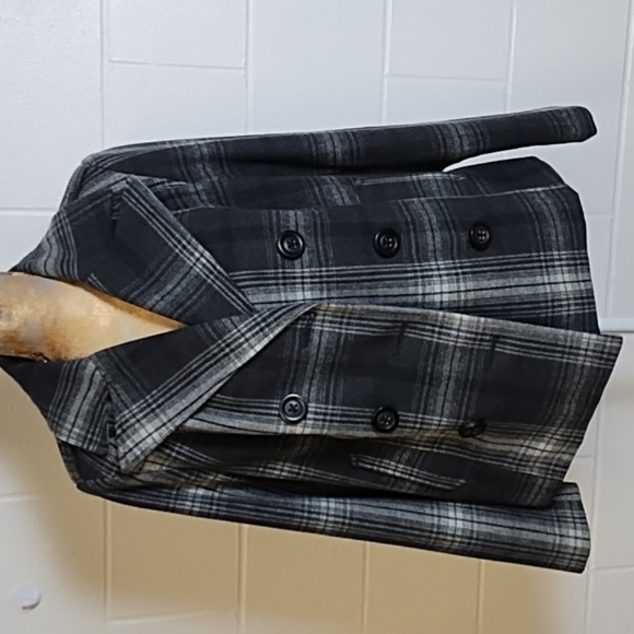 Old Navy Wool Blend Lined Double Breasted Plaid Pea Coat Jacket Medium - Picture 3 of 14